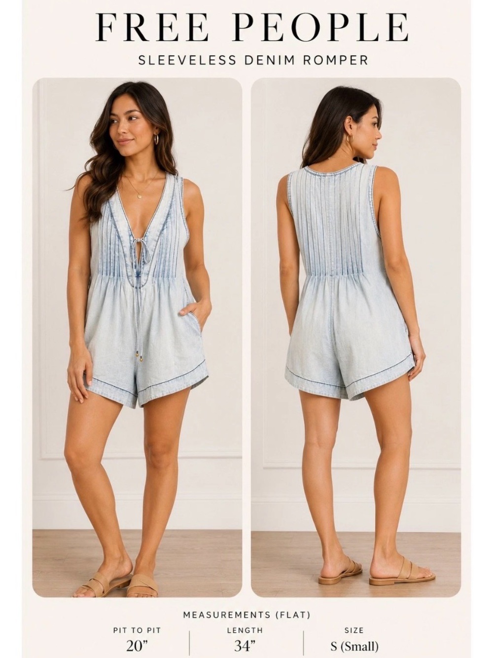 Free People Sleeveless Denim Tie-Front Romper in Light Blue Wash
